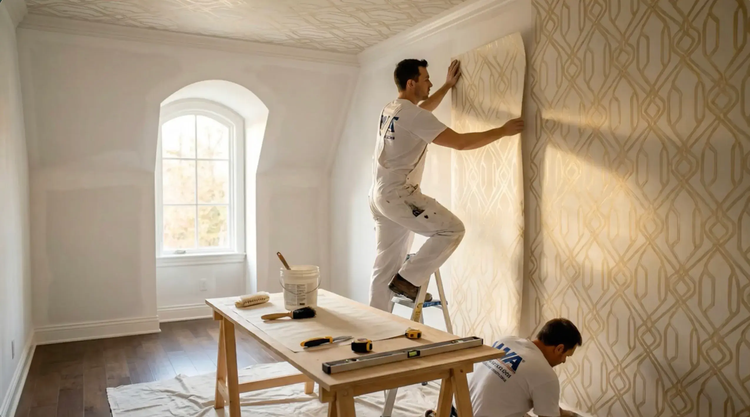 Wallpaper installers applying a patterned wallcovering in a bright interior