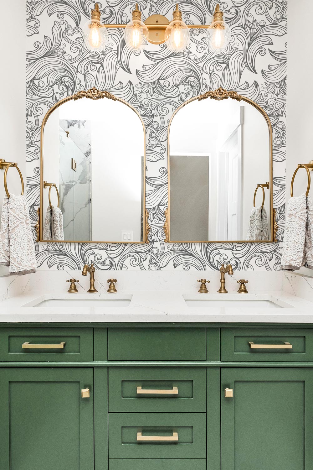 Decorative wallpaper used in a refined bathroom interior