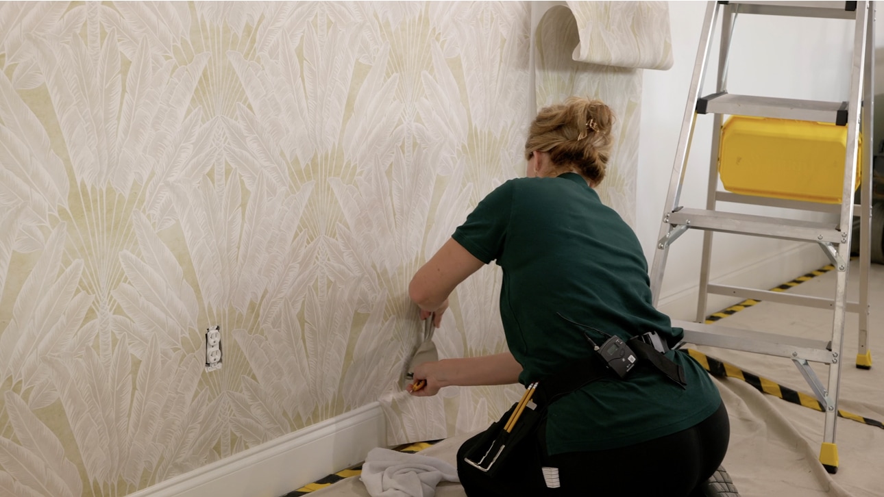 Professional wallpaper installation detail on an interior wall