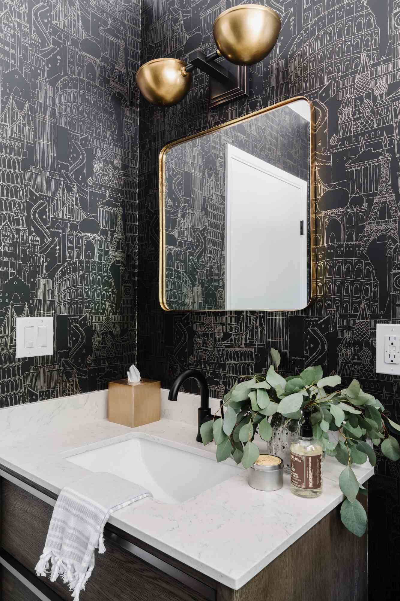 Patterned wallpaper in a bright residential interior